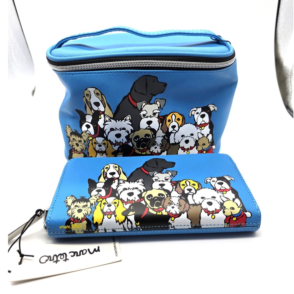 Marc Tatro Dog Print Cosmetic Bag and‎ Wallet Set Cute Puppy Travel Case NWT